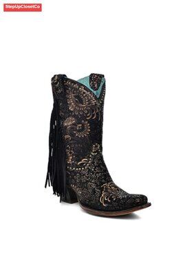 Suede Western Ankle Boots Square Toe Fringe Block Heel